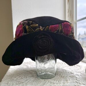 Vintage 90s Velvet Rose Hat Attack Floral Brocade Brim Blossom Hat